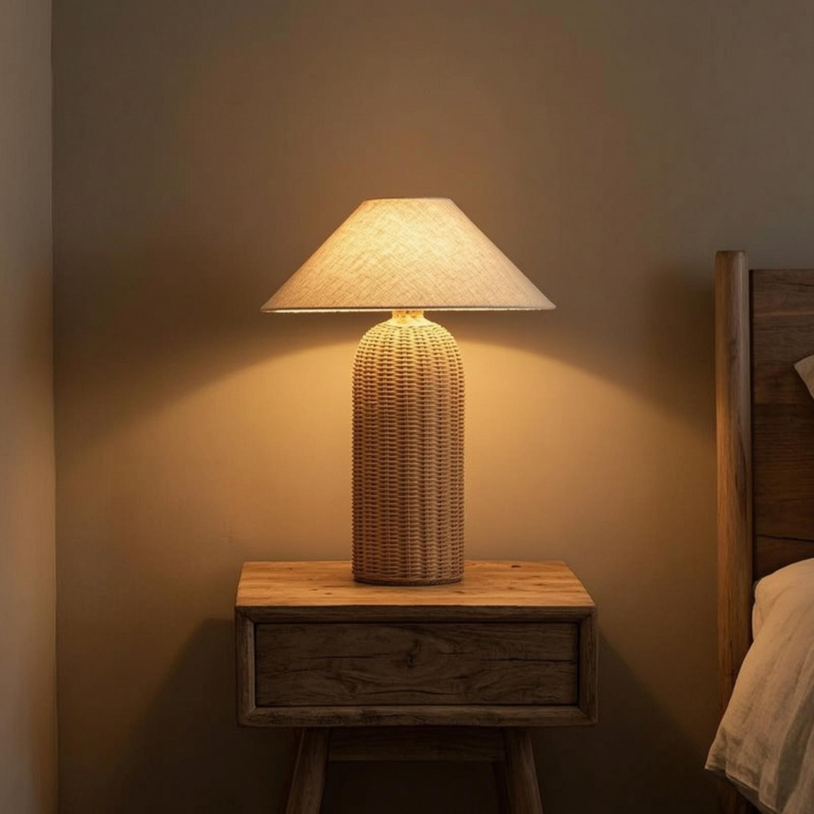 Room Lighting Bedroom Decor - Nachttischlampe mit Rattanfuß und Stoffschirm, Dekorative