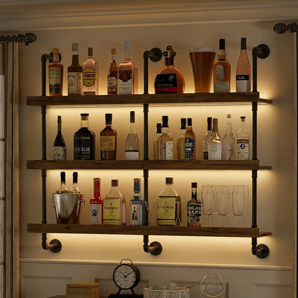 Kitchen Decor Lighting - Wandmontiertes Weinregal mit LED-Beleuchtung, dreistufiges schwebendes